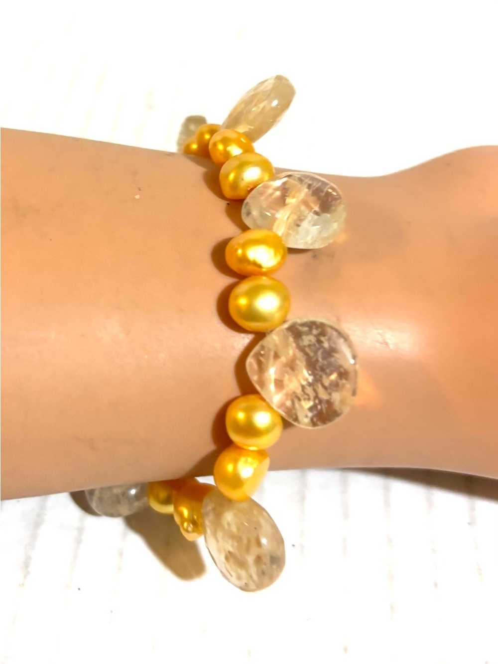 Golden Pearl & Clear Gemstone Stretch Bracelet - Women Jewelry